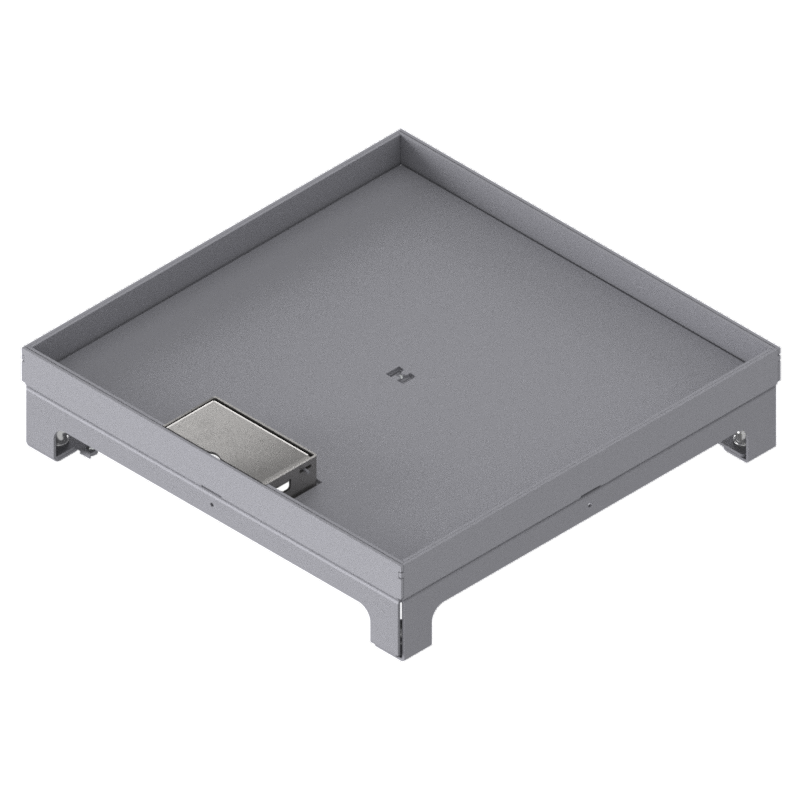 Boîte de sol UBD 320 en acier inoxydable, couvercle avec bord, fermé, évidement de 20mm et 1 sortie de cordon inclus