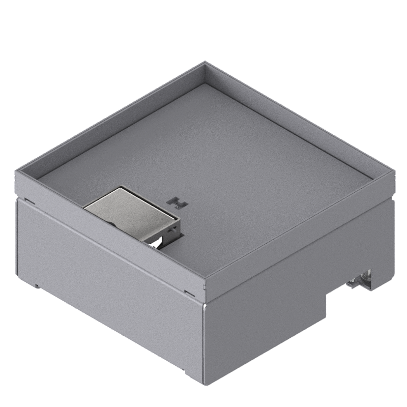 [UBD 212 161] Boîte de sol pour charges lourdes UBD 210 en acier inoxydable, inclus couvercle avec bord, fermé, plaque de renforcement de 4 mm avec évidement de 16 mm et 1 sortie de cordon 