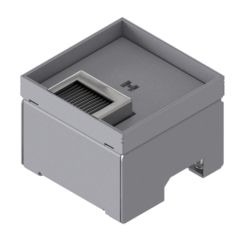 Boîte de sol pour charges lourdes UBD 130 en acier inoxydable, couvercle avec bord, fermé, et plaque de renforcement de 4 mm avec évidement de 16 mm et 1 sortie de brosse inclus