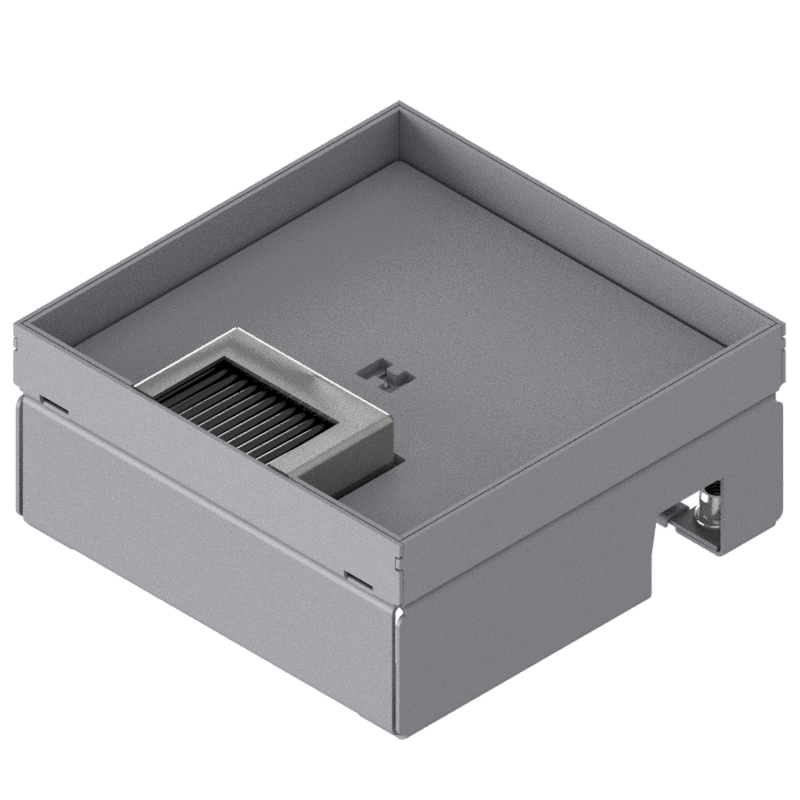 [UBD 167 162] Boîte de sol pour charges lourdes UBD 160 small en acier inoxydable, couvercle avec bord, fermé, plaque de renforcement de 4 mm avec évidement de 16 mm et 1 sortie de brosse inclus