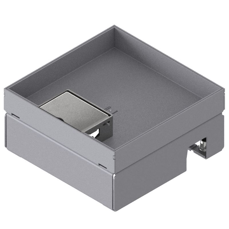 [UBD 167 251] Boîte de sol UBD 160 small en acier inoxydable, couvercle avec bord, fermé, évidement de 25mm et 1 sortie de cordon inclus
